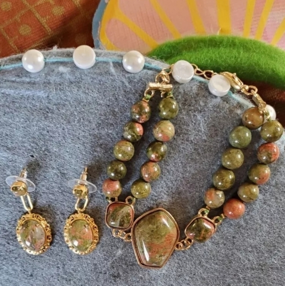 Unikite Double Beaded Bracelet & Paperclip Dangle Earrings 18K Gold Plated - Picture 2 of 8
